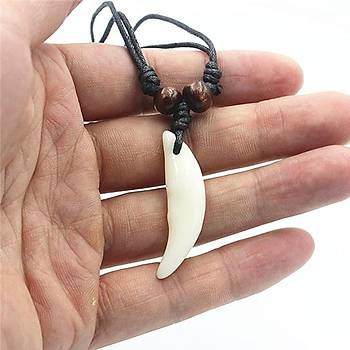 Doğal Tibet 3-4cm Kurt Dişi Kolye Beyaz Ayarlı İp Çift Boncuklu