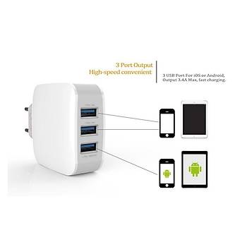 IPHONE SAMSUNG ŞARJ 3 USB PORT 3.4A LDNIO