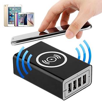 Qi Kablosuz Şarj İstasyonu & 4 USB Portu Şarj Cihazı iPhone Huawei Xiaomi HTC   