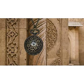 Kuvars Köstekli Mini Cep Saati Kolye Bronz Çiçek Sarmaşık Desen