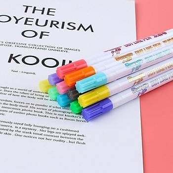 Çift Hat Out Line Pen 12 Renk Kontür Vurgulayıcı Dekoratif 1mm Uç