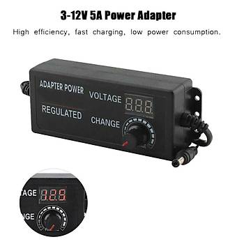 3-12V 5A Ayarlı Güç Adaptörü Led Ekran AC DC Değişken Gerilimli