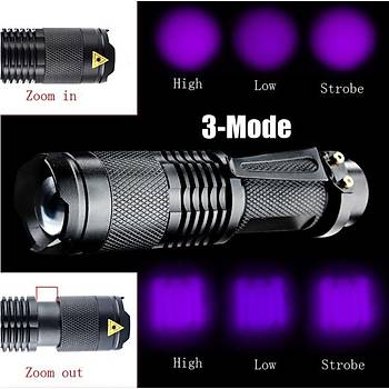 UV 395nm LED 3 Mod Su Geçirmez Zoom Ayarlı Fener