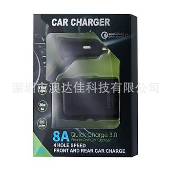 QC3.0 Araç Şarj 4 USB Portlu Ön Arka Koltuk Klip Yolcu Adaptörü 