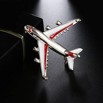 Pilot Uçak Emaye Broş Klip Gold Renk Metal Gövde Kırmızı Beyaz Kanat 