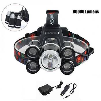 80000LM Sper Parlak Zumlu Kafa Feneri XML-T6  5 LED arj Edilebilir