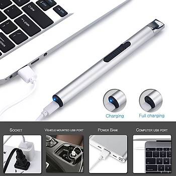 Darbeli Tek Ark Uzun Mutfak Çakmak USB Şarjlı Barbekü Alevsiz Anti Rüzgar 