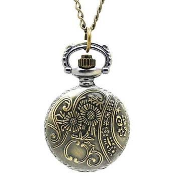 Kuvars Köstekli Mini Cep Saati Kolye Bronz Gonca Gül Desen