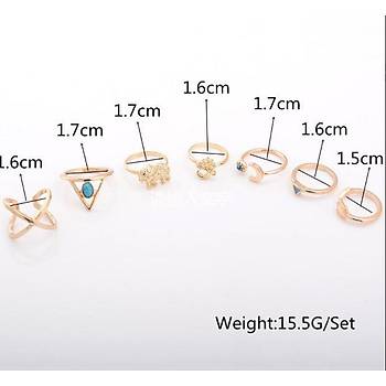 Bohem 7 Parça Arrow Yüzük Turkuaz  Takı Ayarlanabilir Boyut Gold