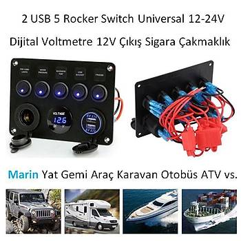 Marin Tekne Yat Atv Karavan 5 Anahtar Çift Usb 2.1A Şarj Dijital Voltmetre Çakmak Panel