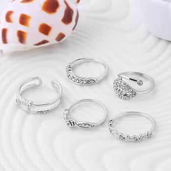 5 li Yüzük Set Zirkon Taşlı Altın Kaplama Taç Kristal Yaprak Dese
