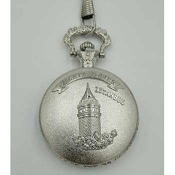Klasik Kuvars Köstekli Cep Saati Silver Antika Kemer Zincirli Galata Kulesi Desenli