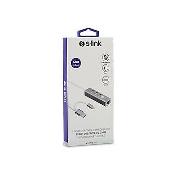 S-Link SW-U222 Type-C USB 2.0 Çoðaltýcý 3 Port+Ethernet Adaptör HUB