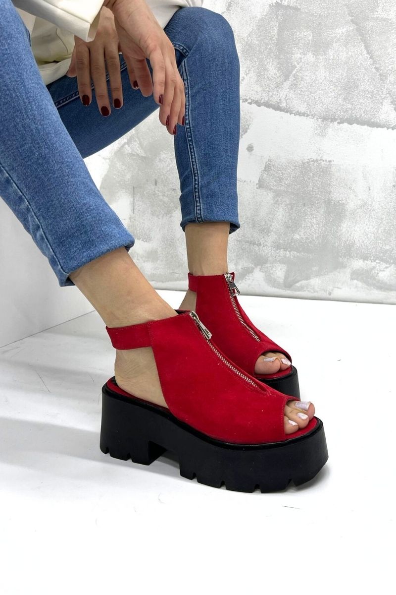 Kırmızı Süet Kalın Taban Sandalet P9161