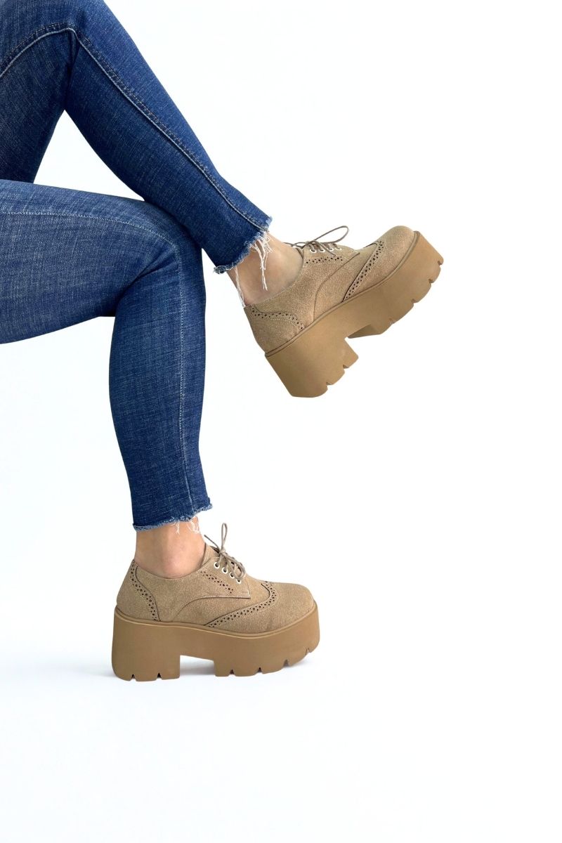 Bej Süet Kalın Taban Loafer P9093