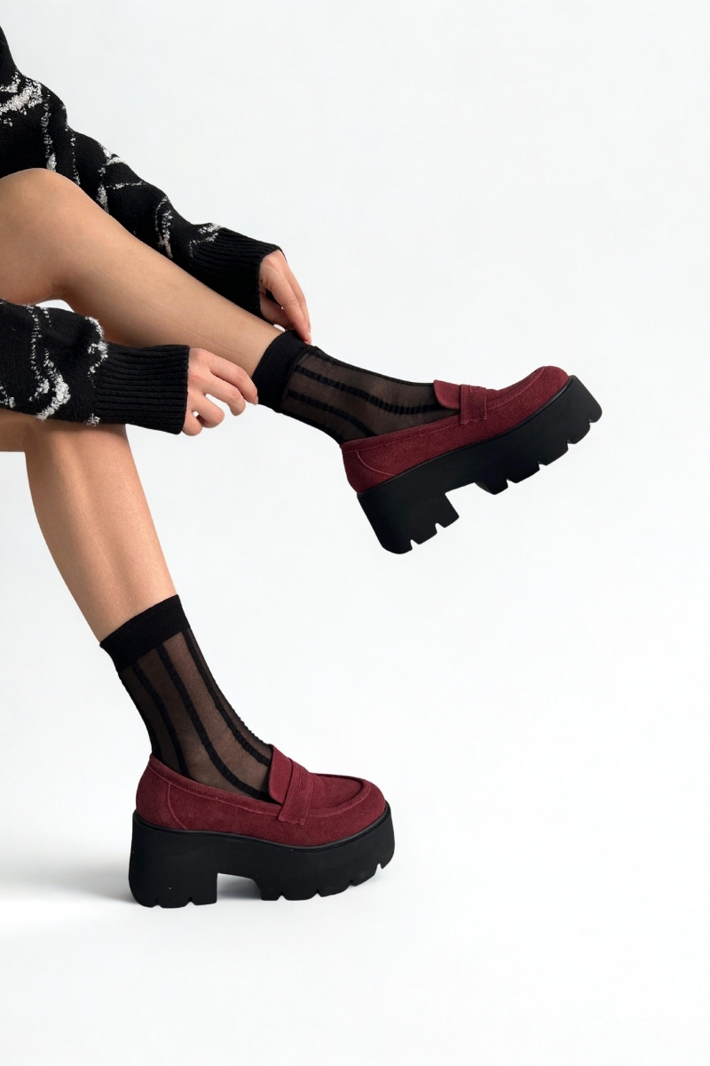 Bordo Süet Kalın Taban Loafer P9090