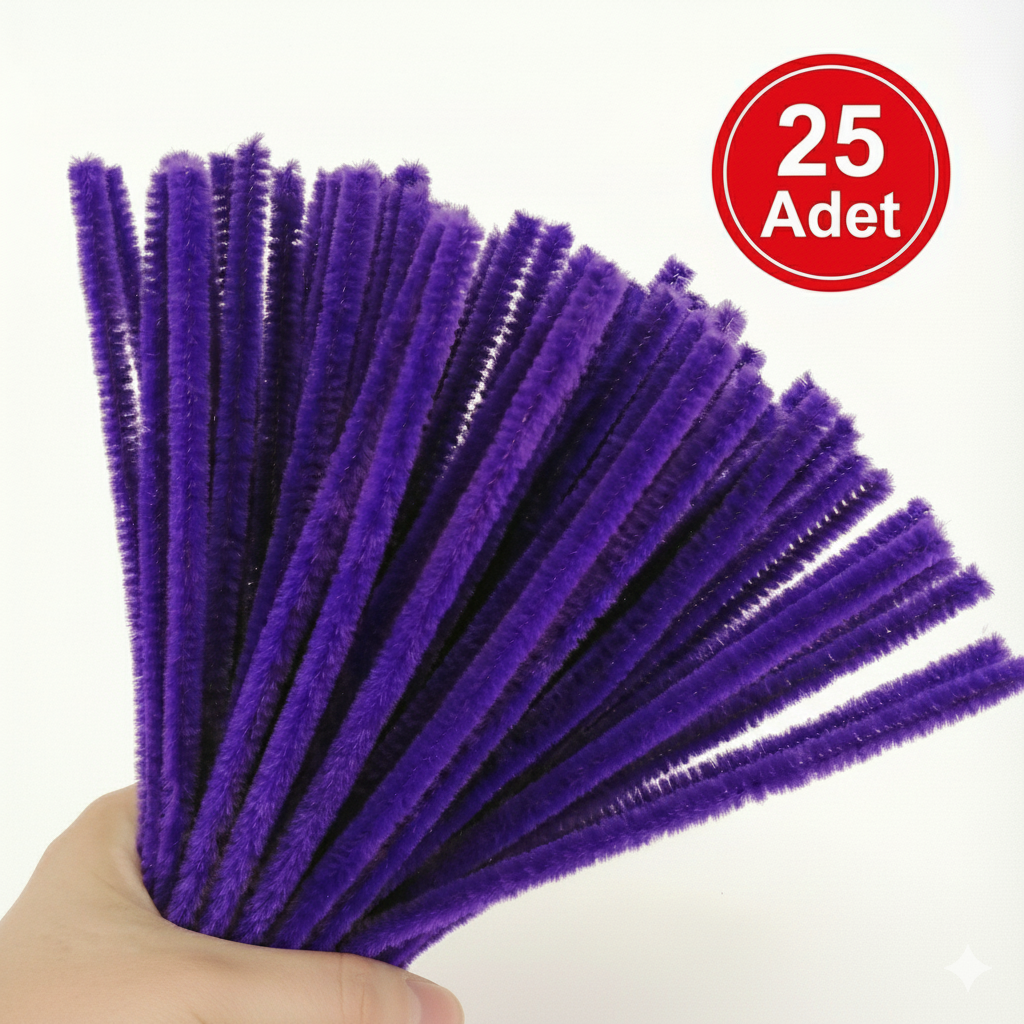 Şönil, Tüylü Tel, Mor Renk, Eğitici Şönil Seti, 30 Cm, Renkli Tel, 25 Adet, Peluş Çubuklar