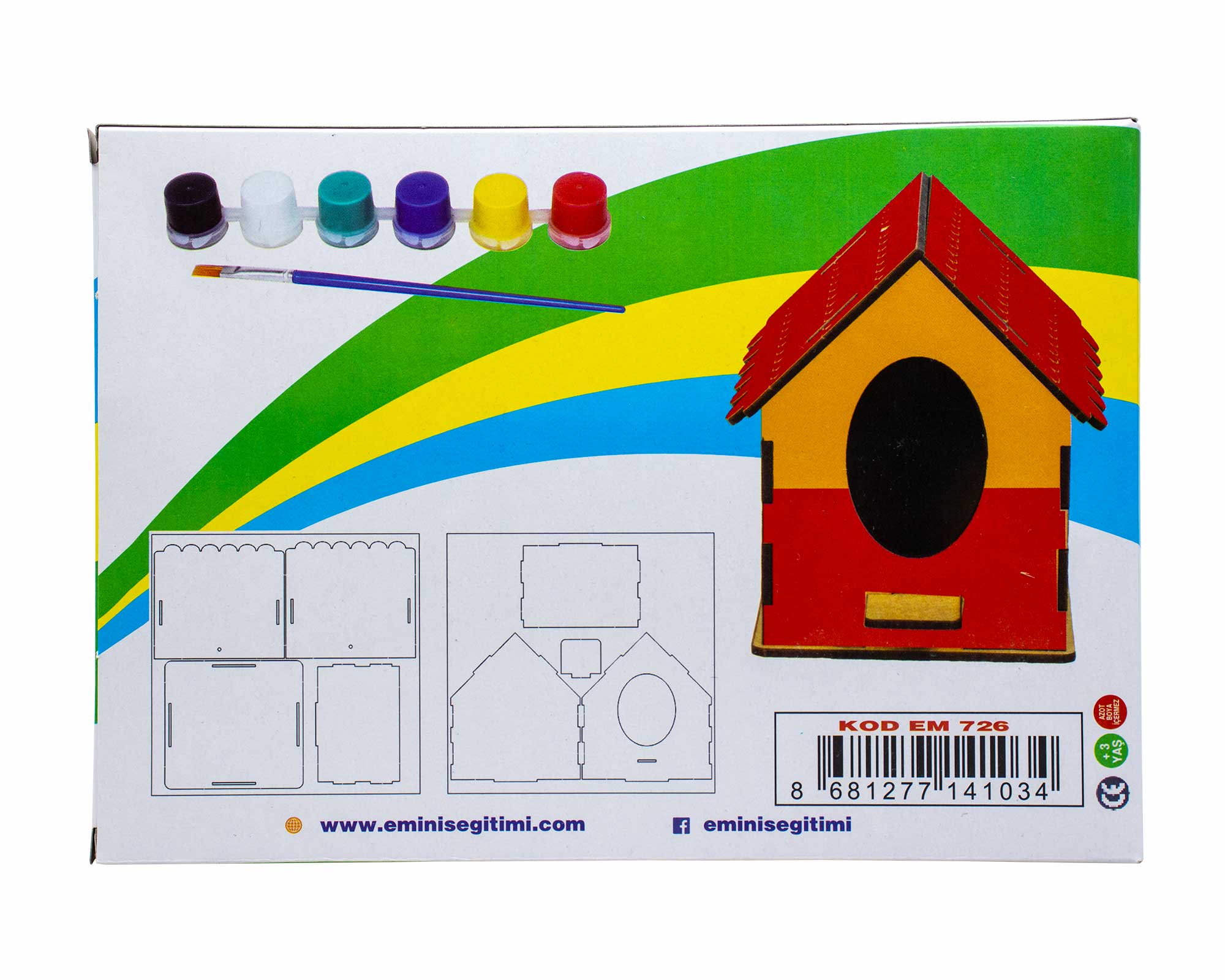 Emin, Ahşap Maket Kuş Evi, Boyama Seti, 6 lı Akrilik Boya, Fırça, Kuş