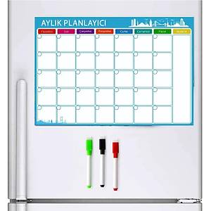 Ayl�k Magnet Planlay�c�, 35x50cm Katlanabilir, Silinebilir, M�knat�sl� Yaz� Tahtas� + 3 Kalem