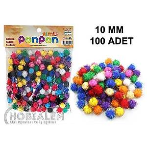 100 Adet, Simli Ponpon, 10 mm, Renkli Pelu� Ponpon, Minik Ponpon, S�sleme ve Etkinlik Malzemesi