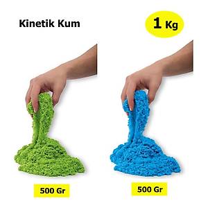 Kinetik Kum, 2 Renk 1 Kg, Mavi ve Ye�il, 4 Adet Kal�p, Oyun Kumu