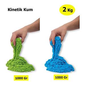 Kinetik Kum, 2 Renk 2 Kg, Mavi ve Ye�il Renk, 6 Adet Kal�p, Oyun Kumu