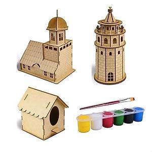 Ah�ap Maket, 3 l� Set, Maket Boyama Seti, Ah�ap Puzzle, Akrilik  Boya, F�r�a