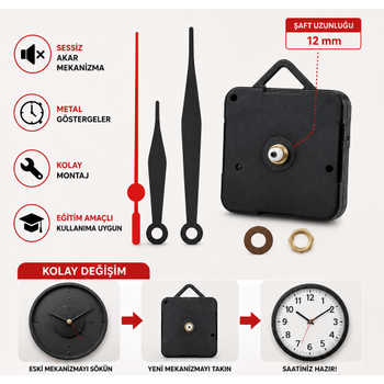 Duvar Saat Mekanizmas�, 12 mm �aft, Ask�l�, Sessiz, Saat Motoru, Metal Akrep, Yelkovan, Saniye