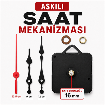 Duvar Saat Mekanizmas�, 16 mm �aft, Ask�l�, Sessiz, Saat Motoru, Metal Akrep, Yelkovan, Saniye