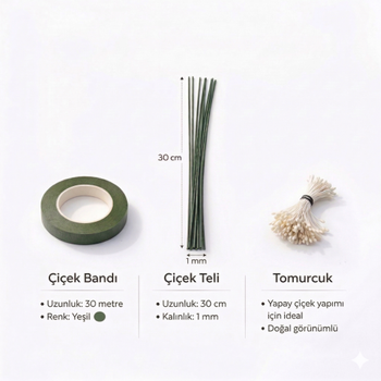 �i�ek Yap�m Seti - 10 Adet �i�ek Teli (30 cm) + �i�ek Band� (30 Mt) + Tomurcuk �i�ek, Hobi Seti (��nil)