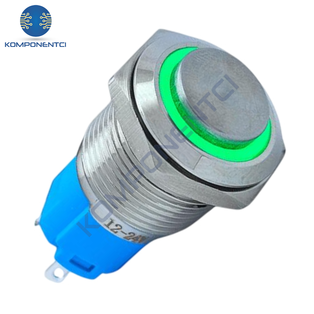 E20 16mm Metal Buton Kalıcılı 12-24V Yeşil Led 1No/1NC 