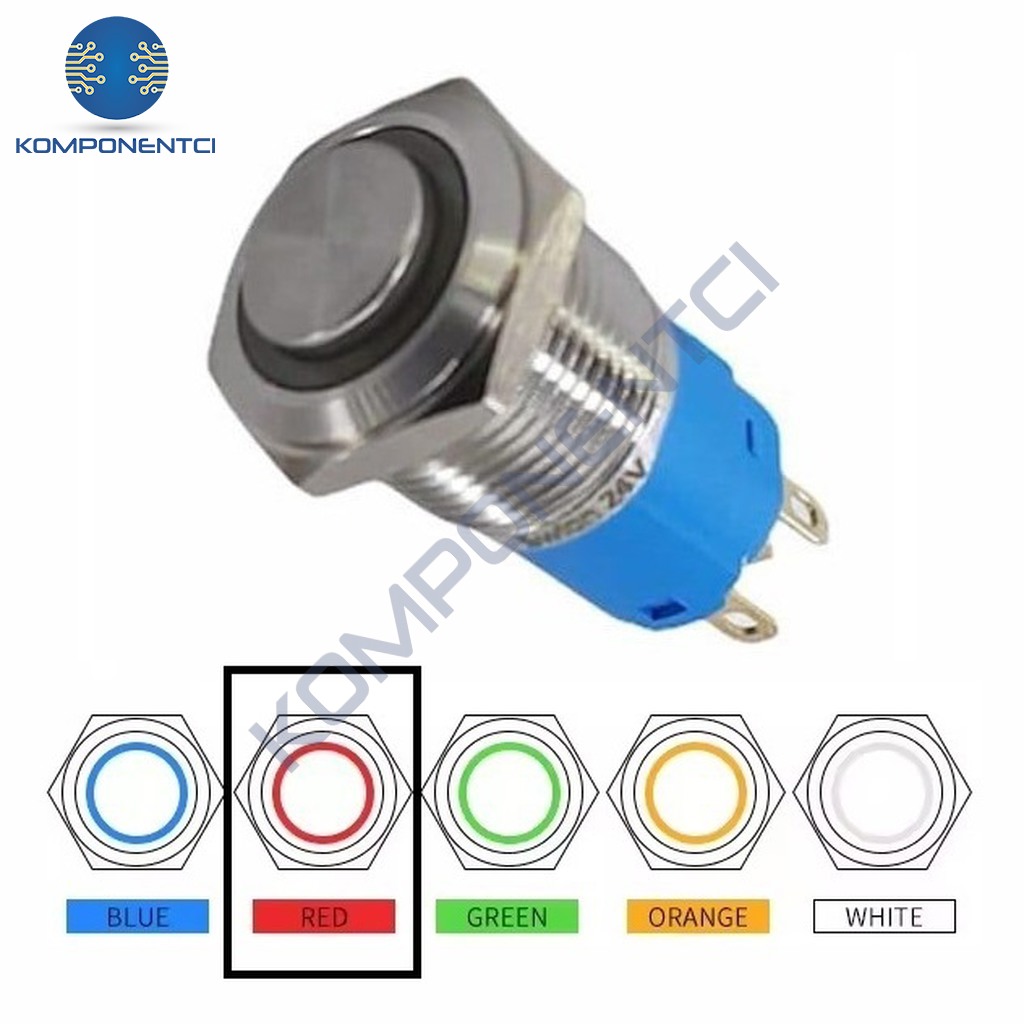 D19 16mm Metal Kırmızı Halka Ledli Kalıcı Buton 24V