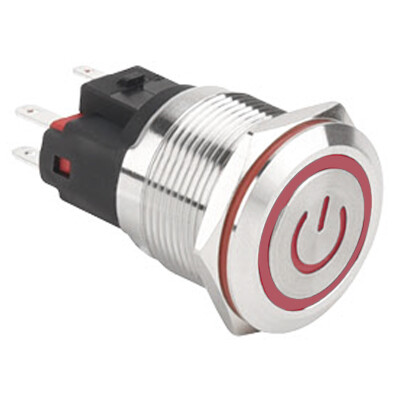 WD22E-P1-EC 22mm Düz Yaylı Işıklı Power Metal Buton - Kırmızı