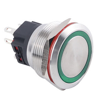 WD25B-P1-E 25mm Düz Yaylı Işıklı Metal Buton - Yeşil