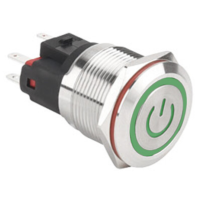 WD22E-P1Z-EC 22mm Düz Anahtarlı Işıklı Power Metal Buton - Yeşil
