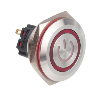 WD28B-P1Z-EC 28mm Düz Anahtarlı Işıklı Power Metal Buton - Kırmızı