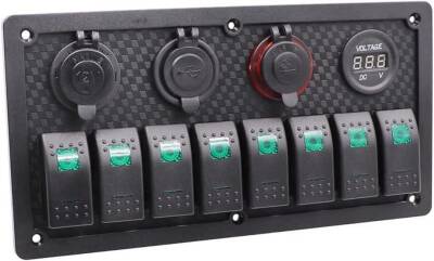 8'li ON-OFF Yeşil Işıklı Anahtar Panel 2x5V USB 2xÇakmaklık ve Voltaj Göstergeli