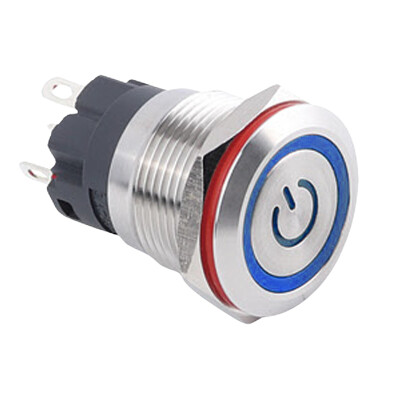 19A-P1-EC 19mm Düz Yaylı Işıklı Power Metal Buton - Mavi