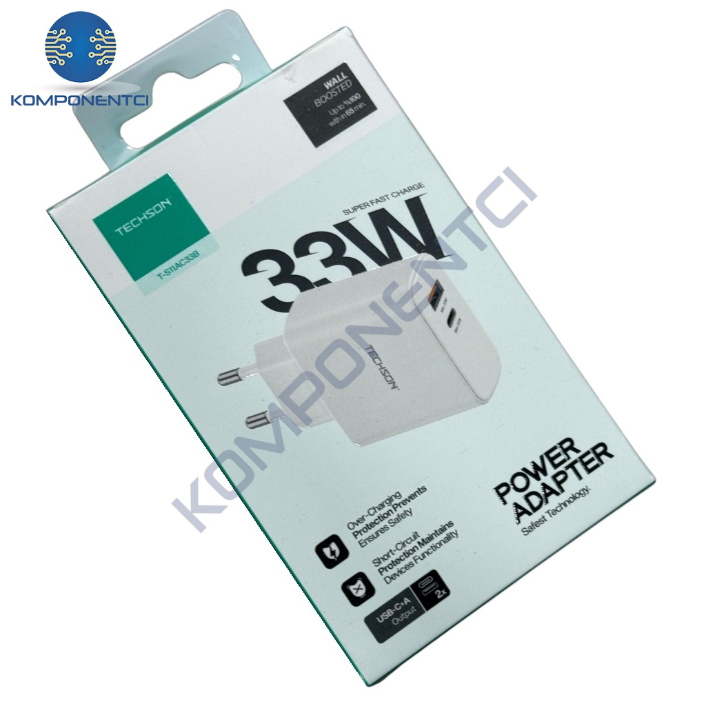TECHSON 33W Type-C + USB Hızlı Şarj Adaptörü Şarj Başlığı Beyaz S11AC33B