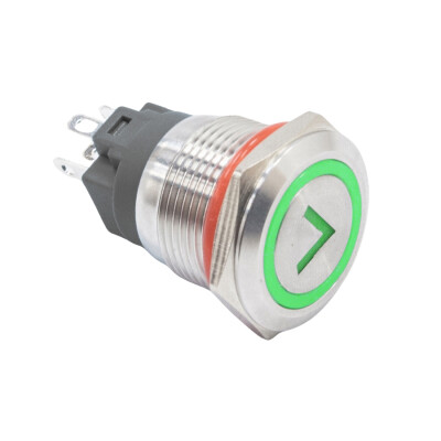 WD19A-P1-ET 19mm Düz Yaylı Işıklı Ok İşaretli Metal Buton - Yeşil