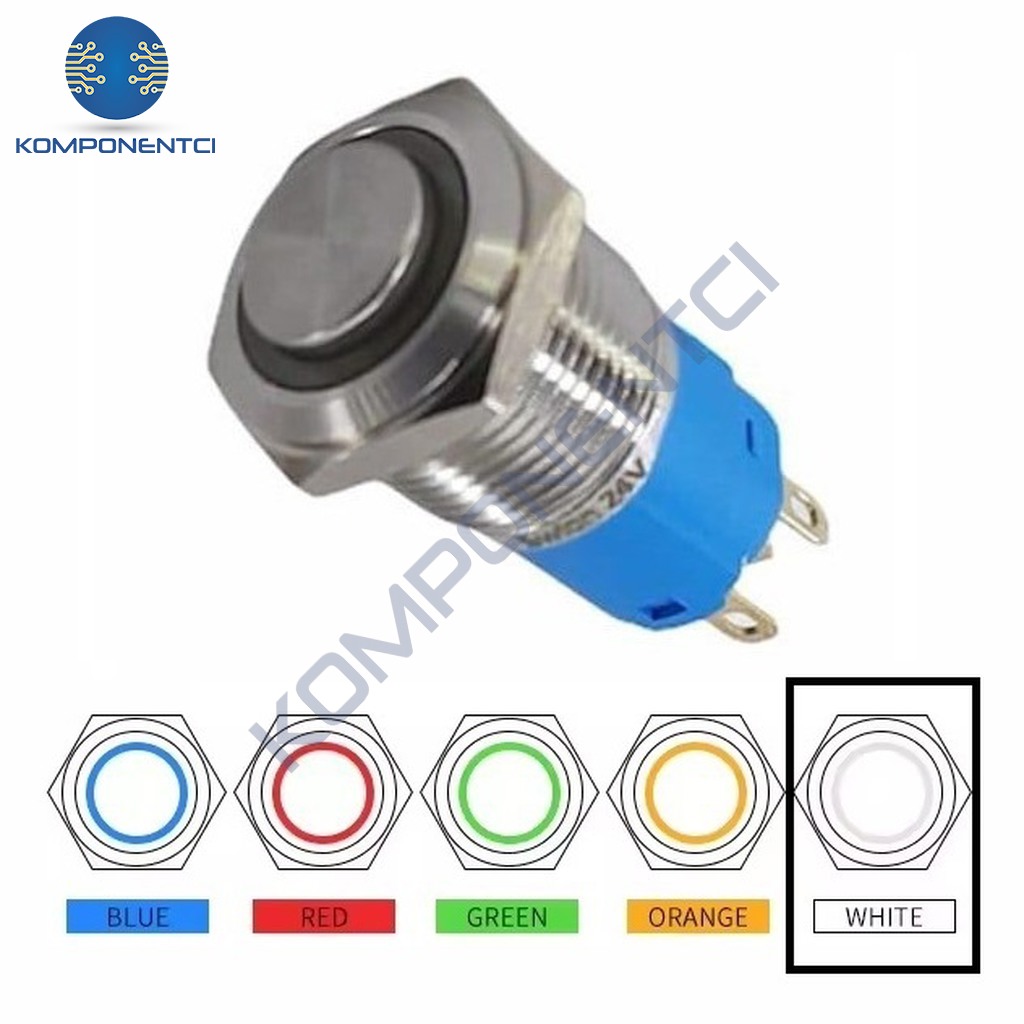 D24 16mm Metal Beyaz Halka Ledli Kalıcı Buton 24V