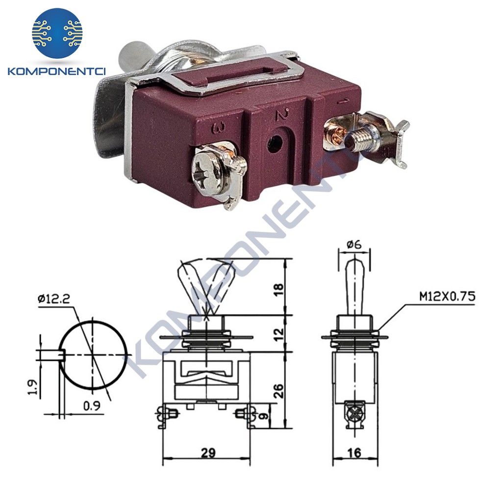 IC-152S-2 Toggle Switch 15AMP 2P ON-OFF Ø12mm XT11-B | Komponentci