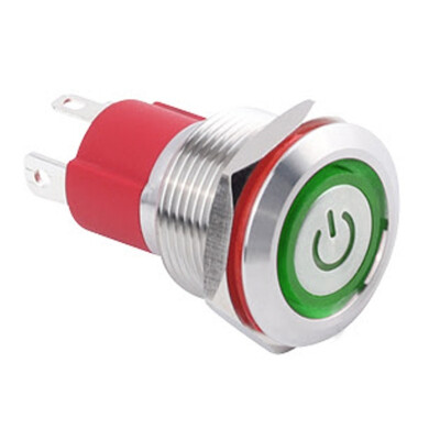 WD19D-P1-EC 19mm Düz Yaylı Işıklı Power Metal Buton - Yeşil