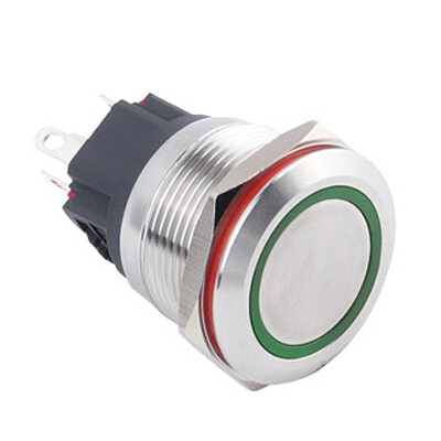 WD22B-P1-E 22mm Düz Yaylı Işıklı Metal Buton - Yeşil