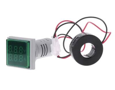 22mm Dijital Voltmetre-Ampermetre AC 20-500V 0-100A Yeşil