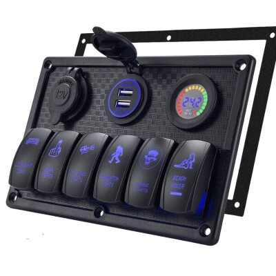 6'lı ON-OFF Mavi Işıklı Anahtar Switch Panel 2x5V USB Çakmaklık ve Voltaj Göstergeli