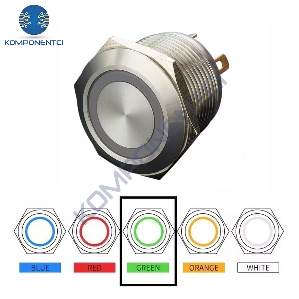 D35 16mm Metal Yeşil Halka Ledli Yaylı Buton 12V