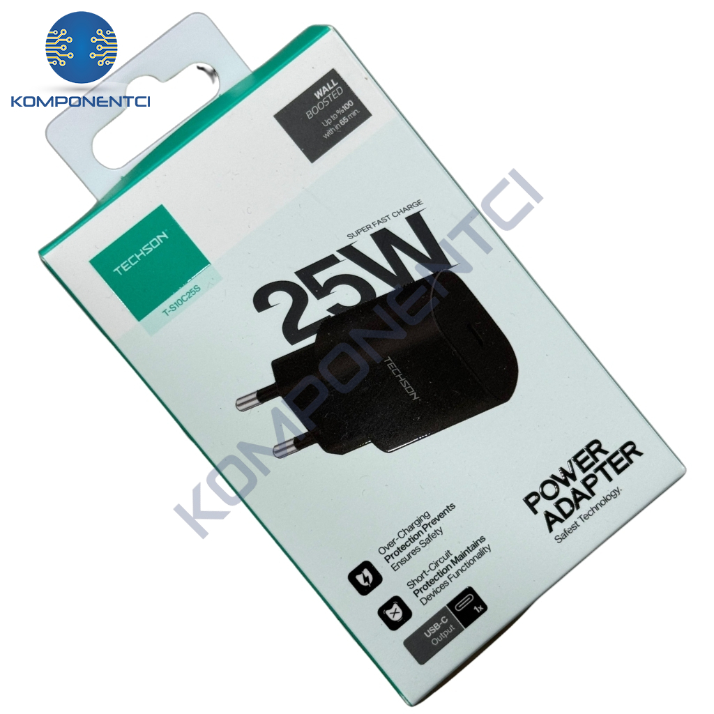 TECHSON 25W Type-C Adaptör şarj Başlığı Siyah S10C25S