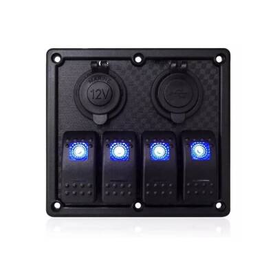 4'lü ON-OFF Işıklı Anahtar Switch Panel 2x5V USB ve Çakmaklık Çıkışlı