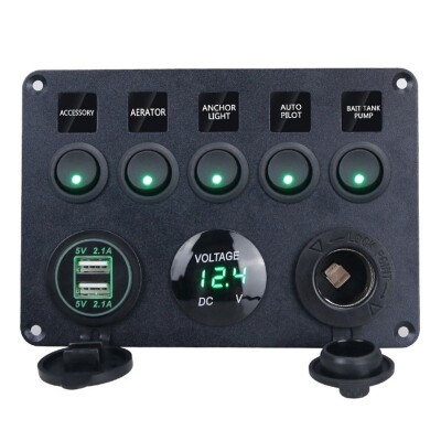5'li ON-OFF Yeşil Nokta Işıklı Anahtar Switch Panel 2x5V USB Çakmaklık ve Voltaj Göstergeli